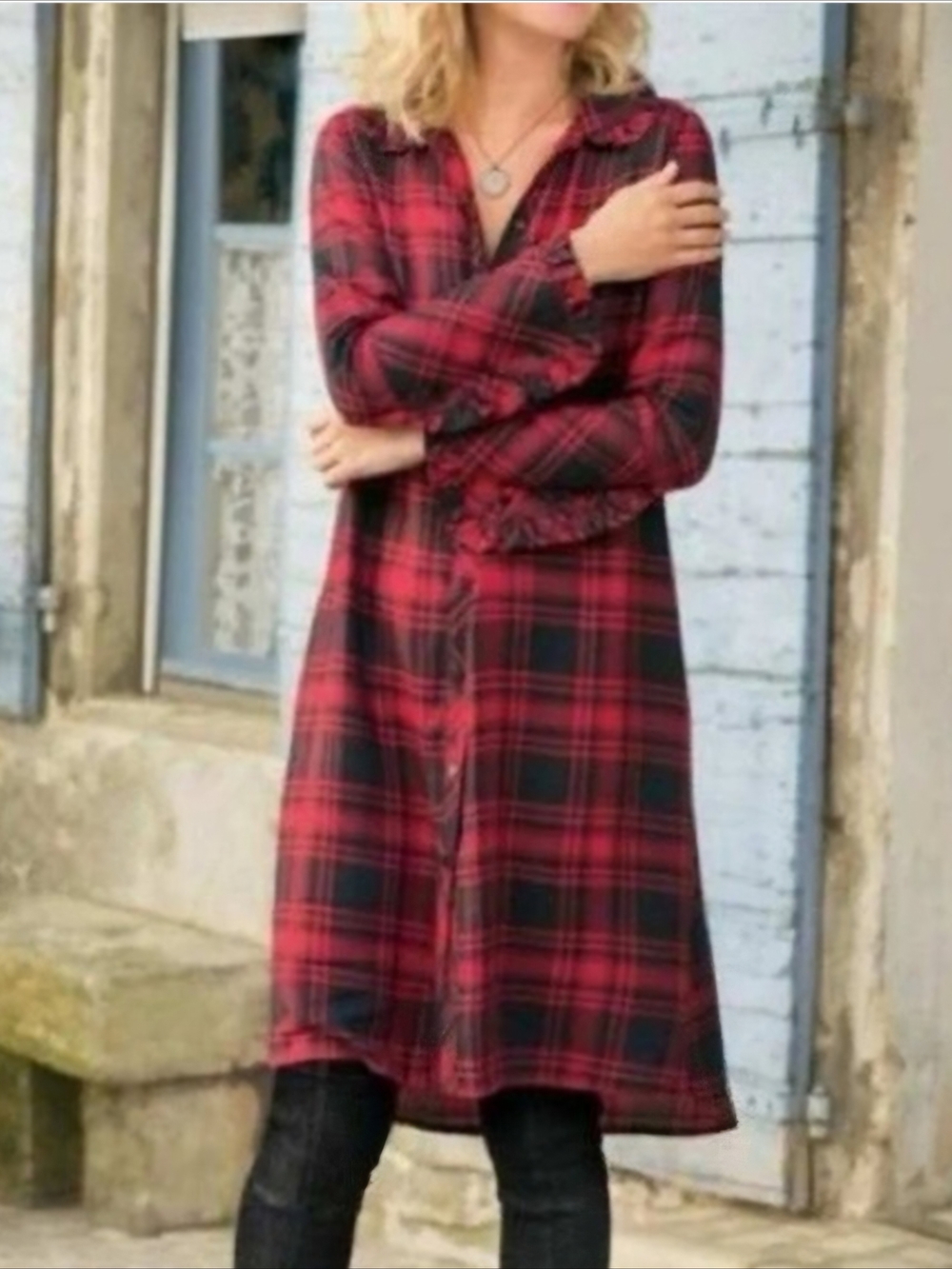 Soft Surroundings Bennington Red Black Plaid Flannel Buttondown Shirt Dress MED